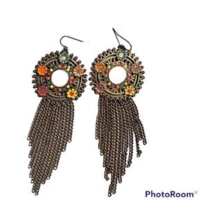 🔶CLAIRE’S: Women’s multicolor flower & gold dangle chain earrings, worn once🔶